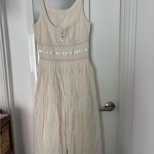 Ivory Sleeveless Maxi Dress with Lace & Ribbon Detail- cotton material